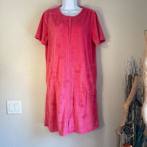 CW Classics Coral Pink Terry Zip Front Robe Beach Cover Up Flamingo Motif Size S